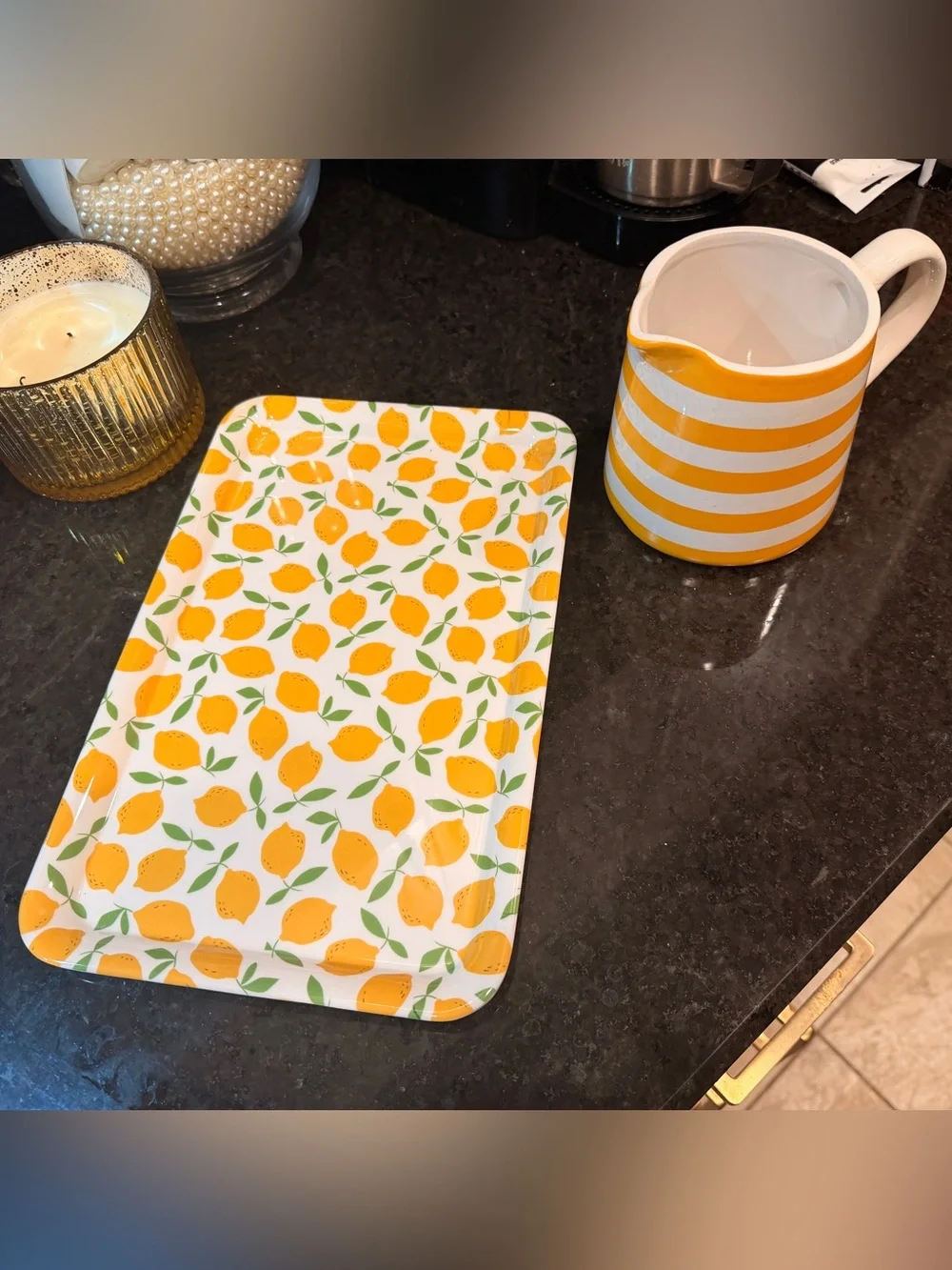 NEW Yellow Stripe Ceramic Pitcher Lemon Tray Set Luxe Citrus Kitchen Decor